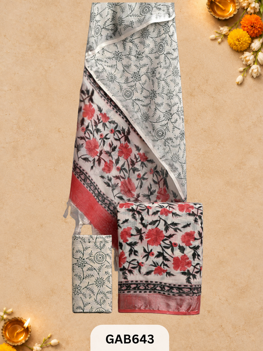 Bagru Hand Block Printed Linen Suits With Zari Border