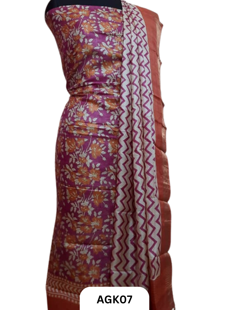 Silk Mark Certified Tussar Salwar Set with Hand Block Print