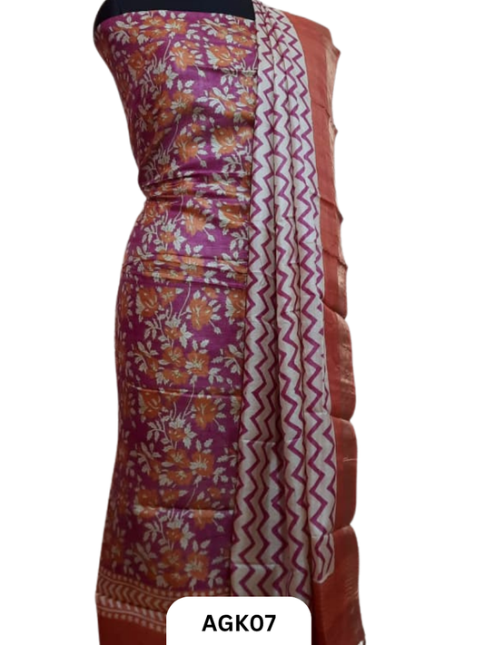 Silk Mark Certified Tussar Salwar Set with Hand Block Print