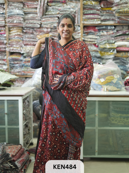MODAL NATURAL AJRAKH HANDBLOCK SAREE WITH GLUE MIRROR