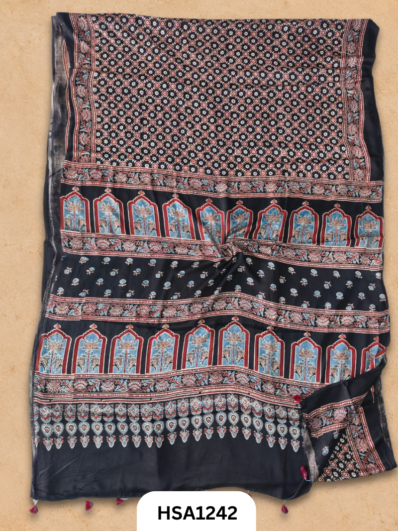 Natural Dye Vegetable Hand Block Print Ajrakh Print Pure Modal Silk Saree