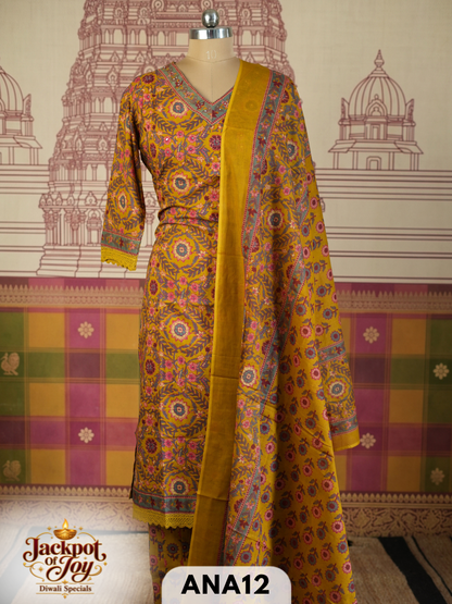 pure mulcotton sangner handblock stitched 3 pcs suit