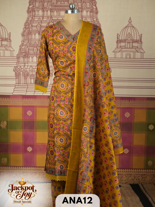 pure mulcotton sangner handblock stitched 3 pcs suit