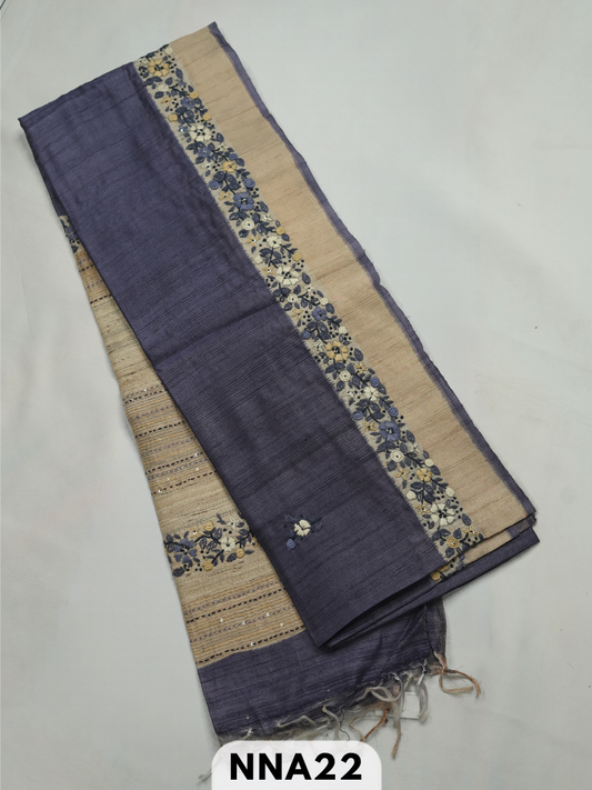 Pure tussar silk with buillon hand embroidery saree