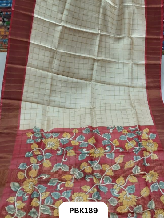 Pure Tussar Silk Saree with Checked design  Plain Body with Kalamkari Design in Pallu