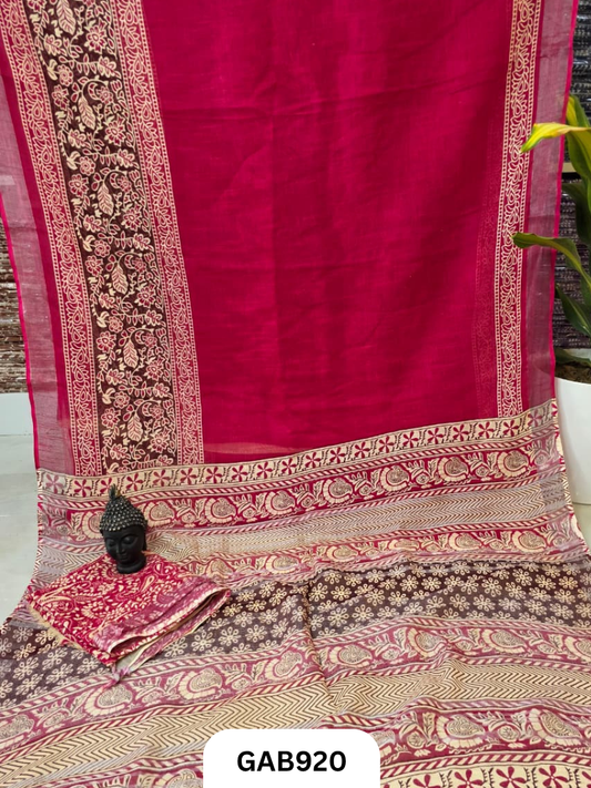 Bagru Handblock Print Linen Saree With Attached Blouse
