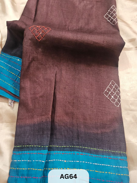 PURE GACHI TUSSAR WITH SPECIAL HAND PAINT| HAND KANTHA STITCH | SILK MARK
