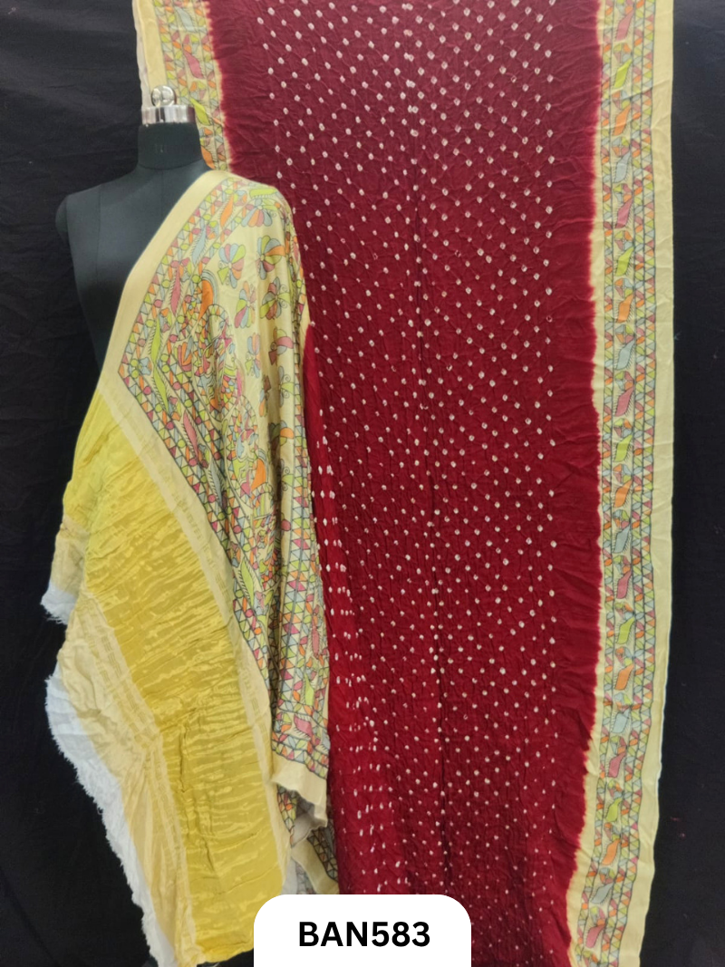 Semi Gaji ts kalamkari digital print pallu, blouse and border with bandhej saree