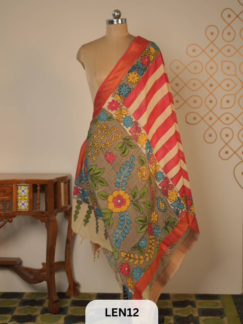 PURE PENKALAMKARI CHENNURI SILK  DUPPATA