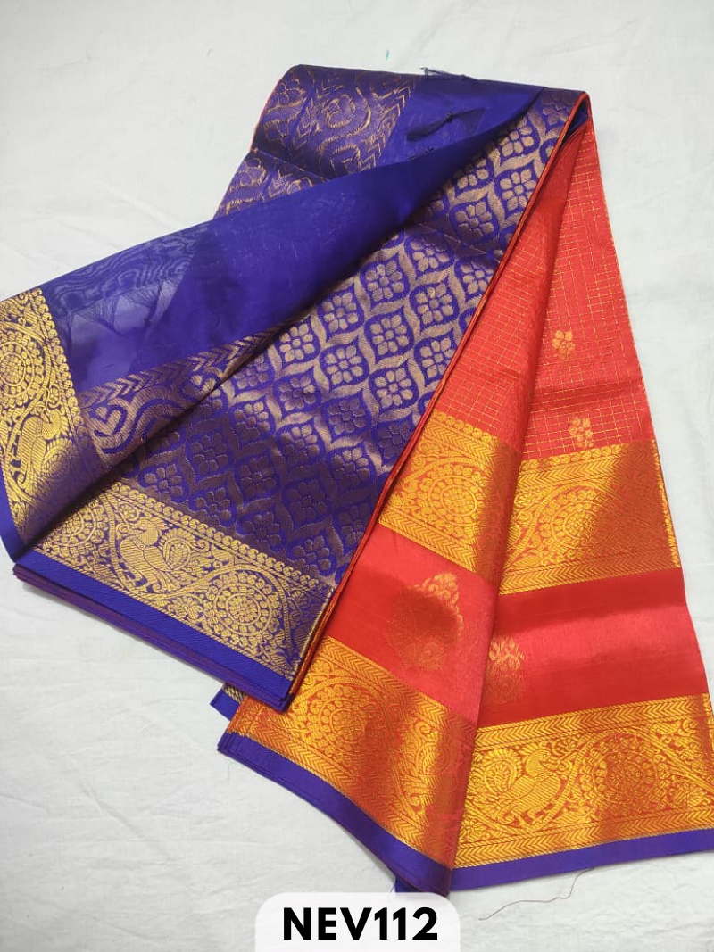 Handloom Silkcotton Long border zari checked butta with rich pallu saree