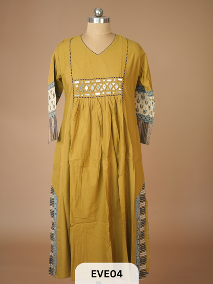 PLAIN COTTON KURTI WITH MIRROR WORK AND AJRAKH PRINT