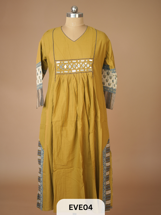 PLAIN COTTON KURTI WITH MIRROR WORK AND AJRAKH PRINT