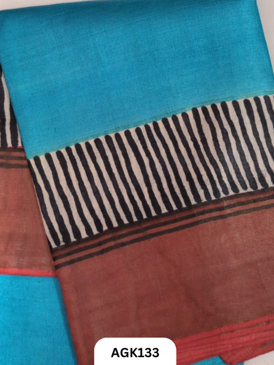 PREMIUM QUALITY  ZARI BORDER TUSSAR HAND BLOCK PRINTING WORK  WITH BLOUSE PIECE  SILK MARK CERTIFIED