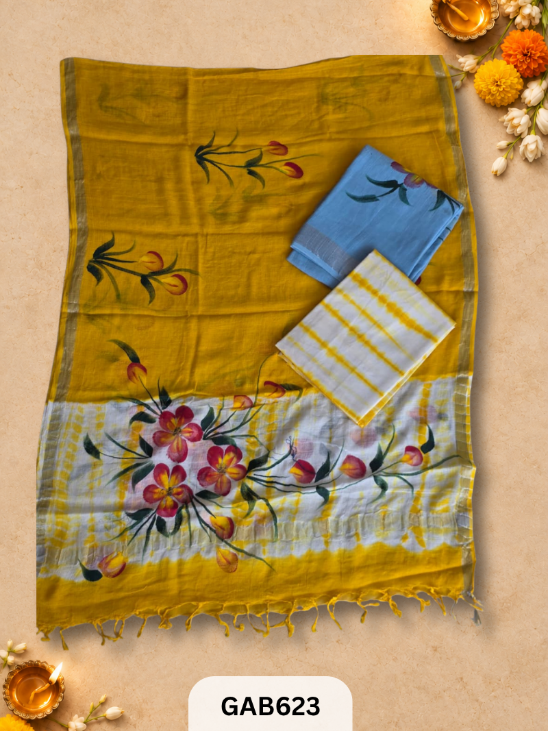 Bagru Hand Block Printed Linen Suits With Zari Border