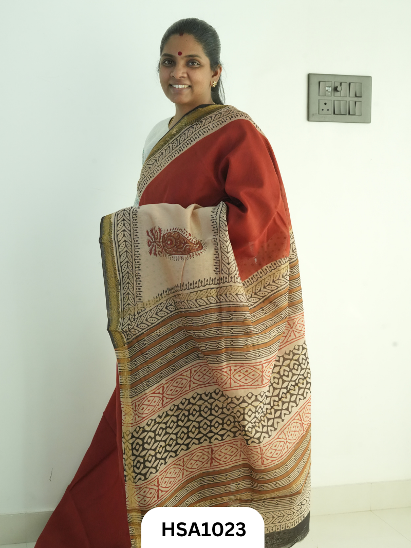 Pure Maheswari Silk Cotton - Handblock Print Saree With Blouse