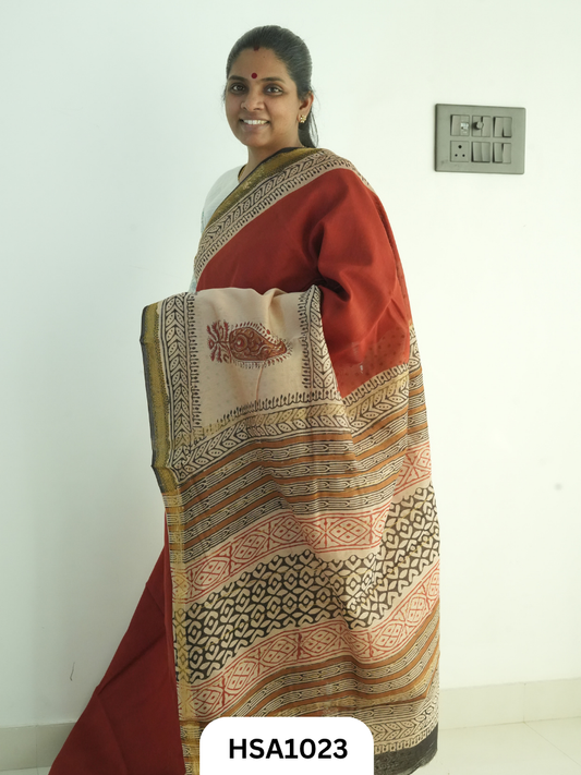 Pure Maheswari Silk Cotton - Handblock Print Saree With Blouse