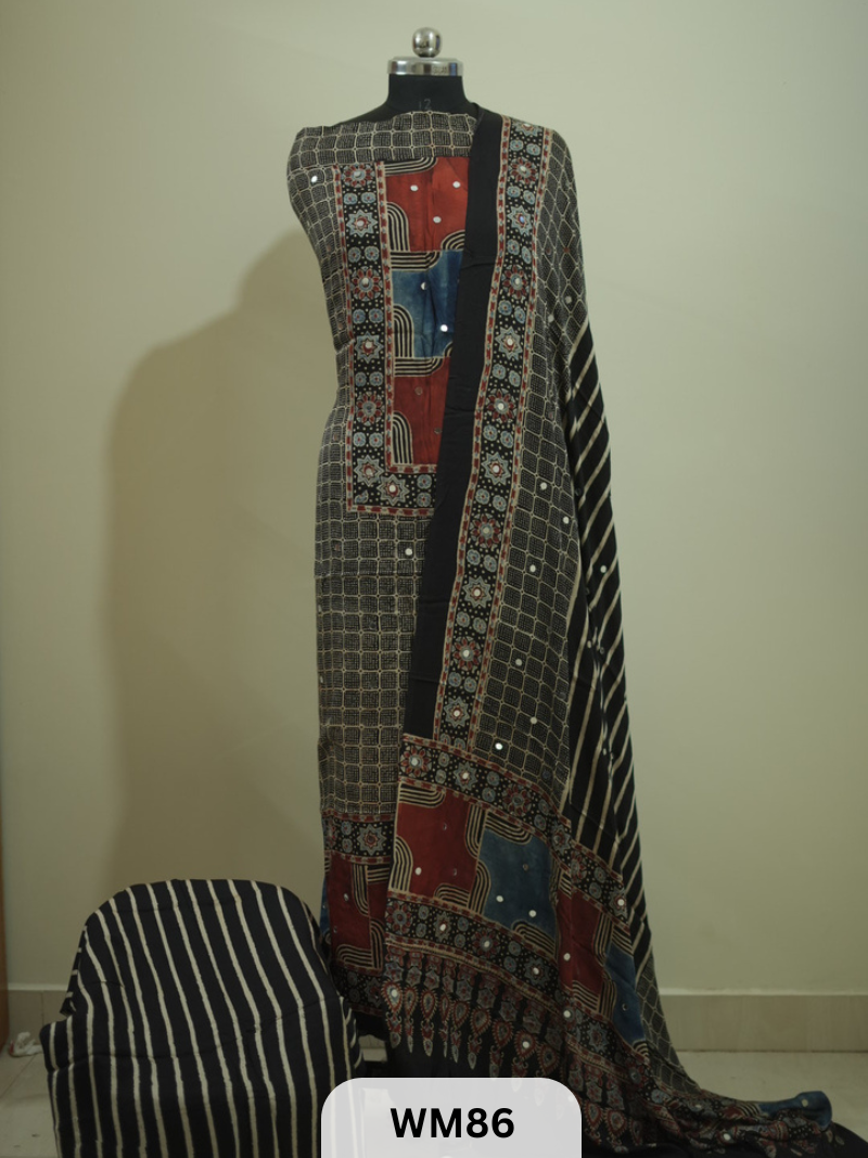 MODAL AJRAKH WITH GLUED MIRROR SALWAR SUIT - 3PCS