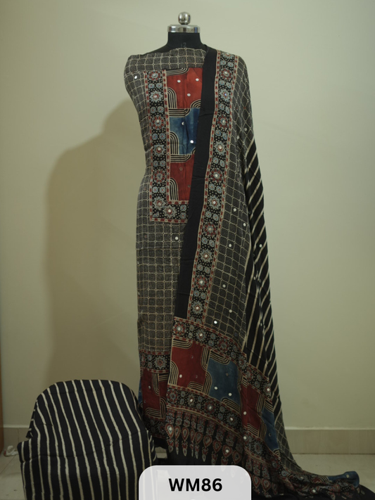 MODAL AJRAKH WITH GLUED MIRROR SALWAR SUIT - 3PCS
