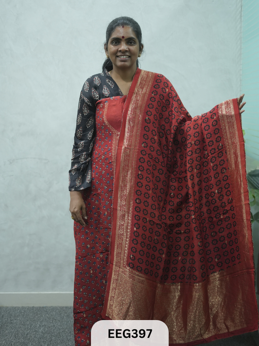AJRAKH DOLA SILK 2 PCS-UNSTITCHED ( TOP 3.5MTR AND DUPPATA 2.25MTR ) - IMMEDIEATE DISPATCH