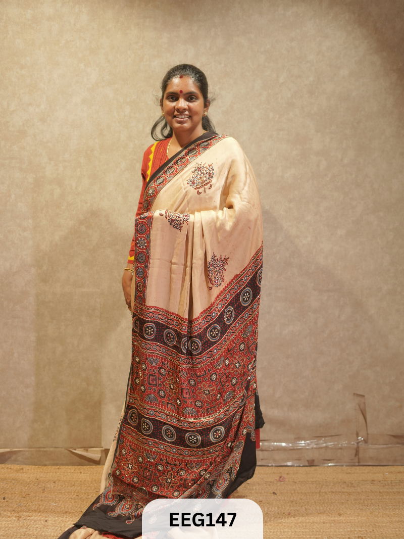 AJRAKH MODAL SAREE WITH KHATLI HANDWORK