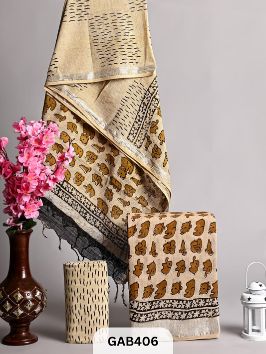 BAGRA HAND BLOCK PRINTED LINEN SUITS WITH ZARI BORDER - 3 pcs