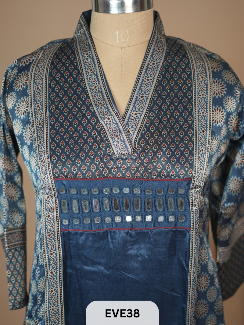 MASHRU SILK AJRAKH HAND MIRROR WORK