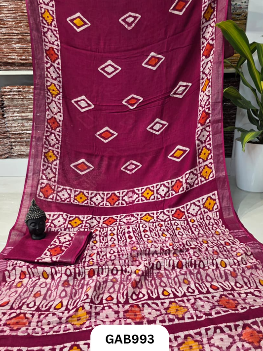 Bagru Handblock Print Linen Saree With Attached Blouse