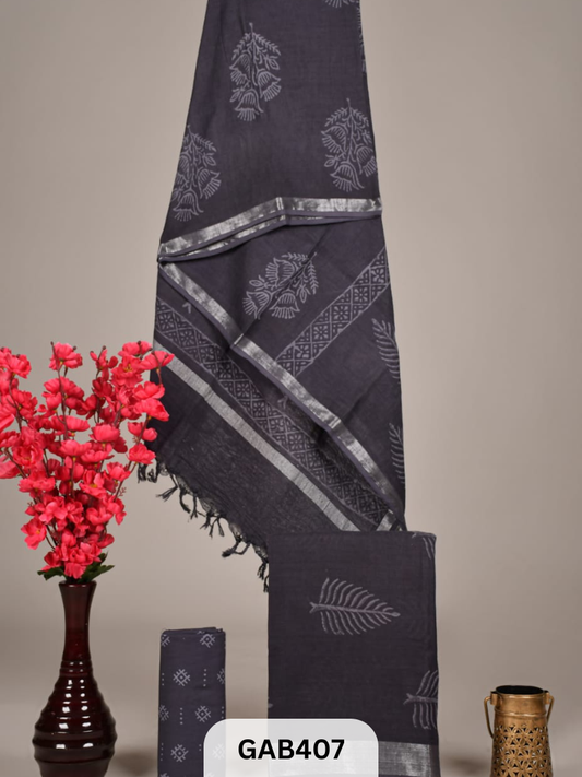 BAGRA HAND BLOCK PRINTED LINEN SUITS WITH ZARI BORDER - 3 pcs