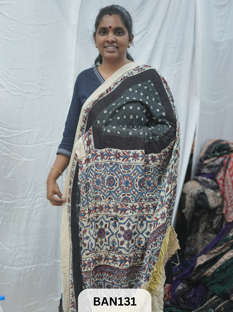 BANDHANI WITH AJRAKH SEMI GAJI SAREE