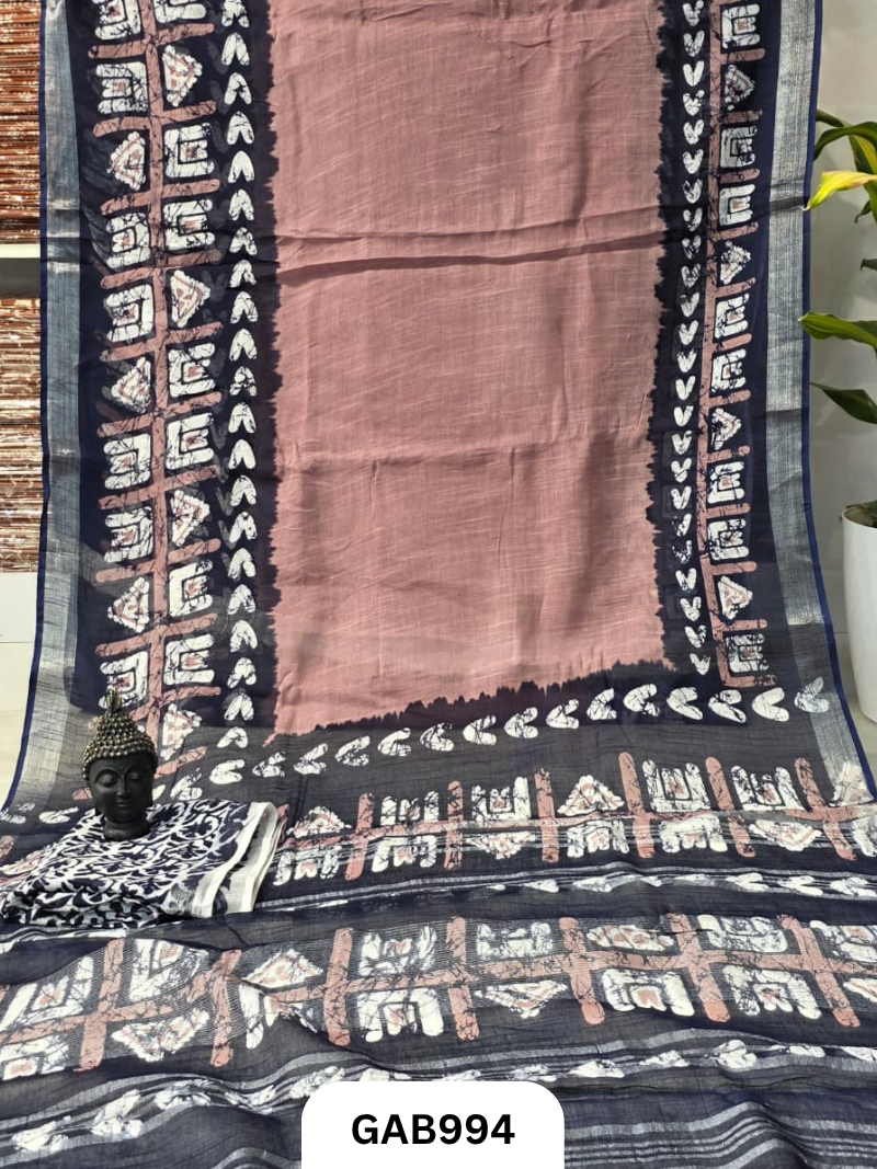 Bagru Handblock Print Linen Saree With Attached Blouse