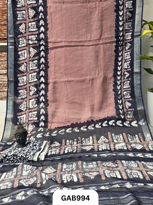 Bagru Handblock Print Linen Saree With Attached Blouse