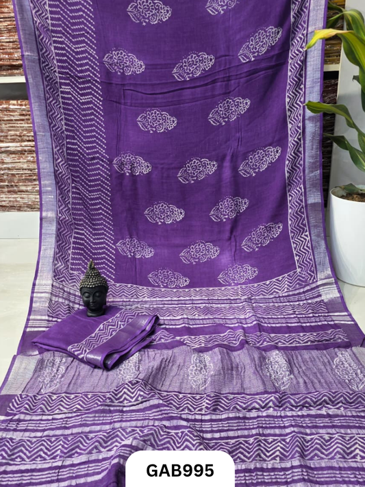 Bagru Handblock Print Linen Saree With Attached Blouse