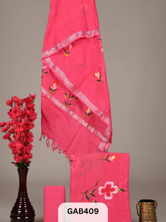 BAGRA HAND BLOCK PRINTED LINEN SUITS WITH ZARI BORDER - 3 pcs
