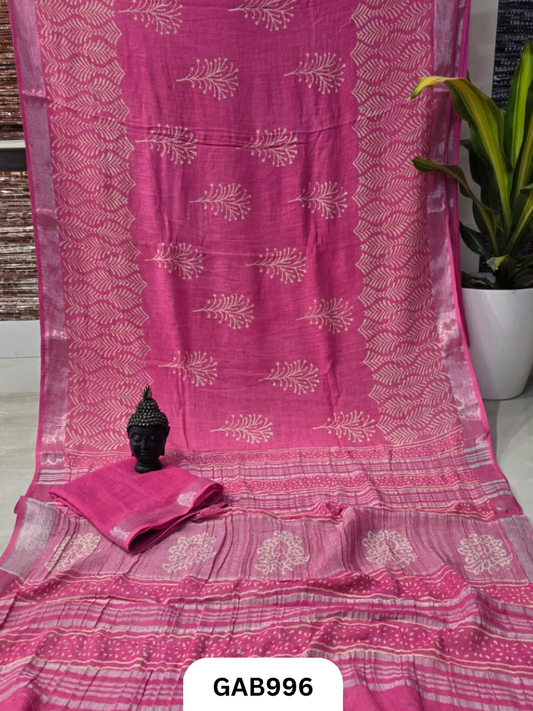 Bagru Handblock Print Linen Saree With Attached Blouse