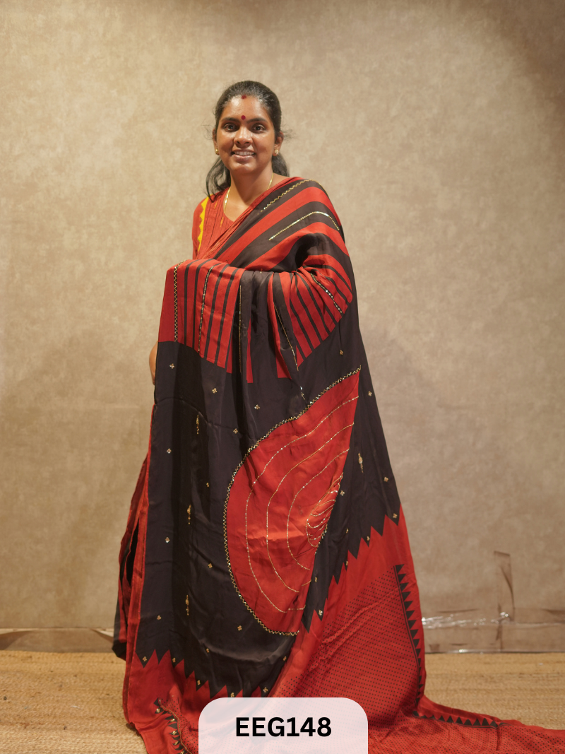 AJRAKH MODAL SAREE WITH KHATLI HANDWORK