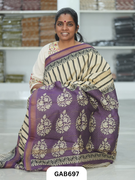 Hand Block Printed Maheshwari Silk Saree