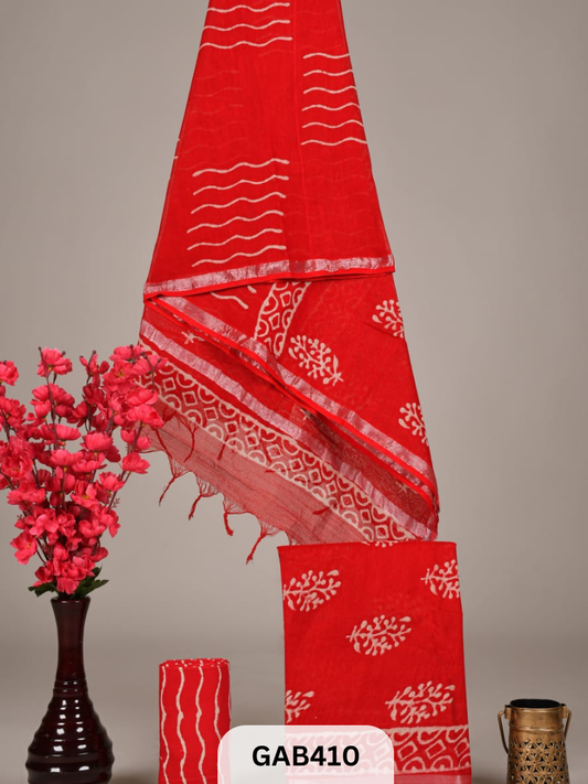 BAGRA HAND BLOCK PRINTED LINEN SUITS WITH ZARI BORDER - 3 pcs