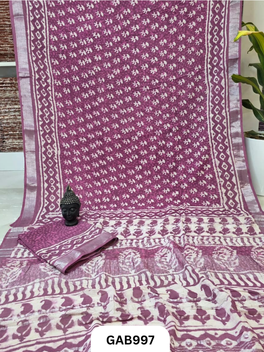 Bagru Handblock Print Linen Saree With Attached Blouse