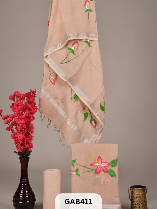 BAGRA HAND BLOCK PRINTED LINEN SUITS WITH ZARI BORDER - 3 pcs