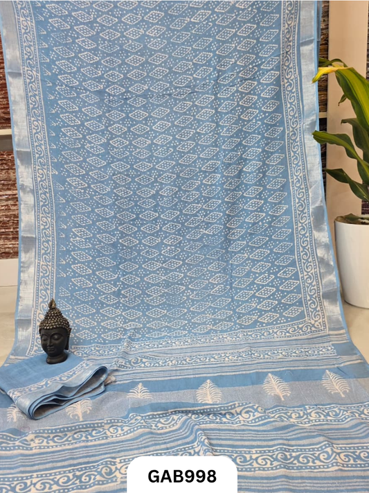 Bagru Handblock Print Linen Saree With Attached Blouse