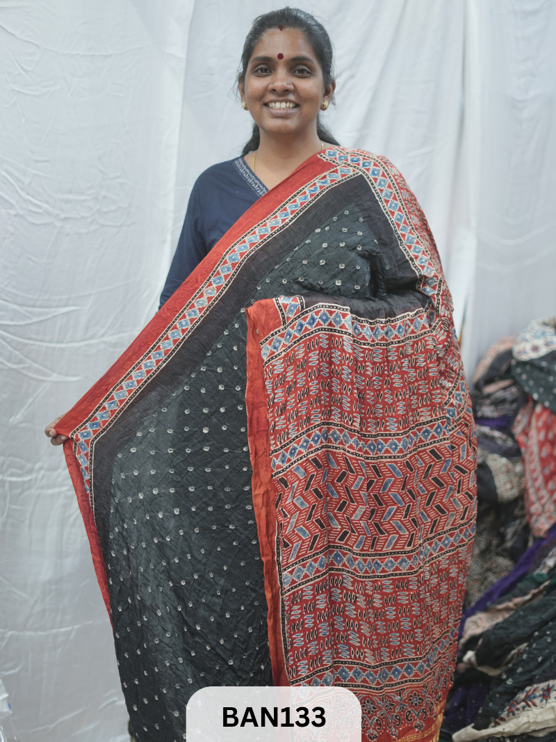 BANDHANI WITH AJRAKH SEMI GAJI SAREE