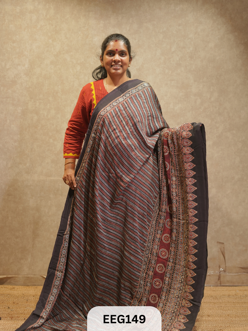AJRAKH MODAL SAREE WITH KHATLI HANDWORK