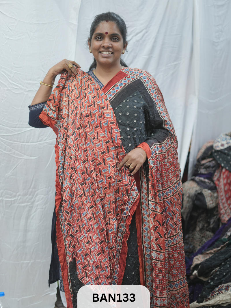 BANDHANI WITH AJRAKH SEMI GAJI SAREE