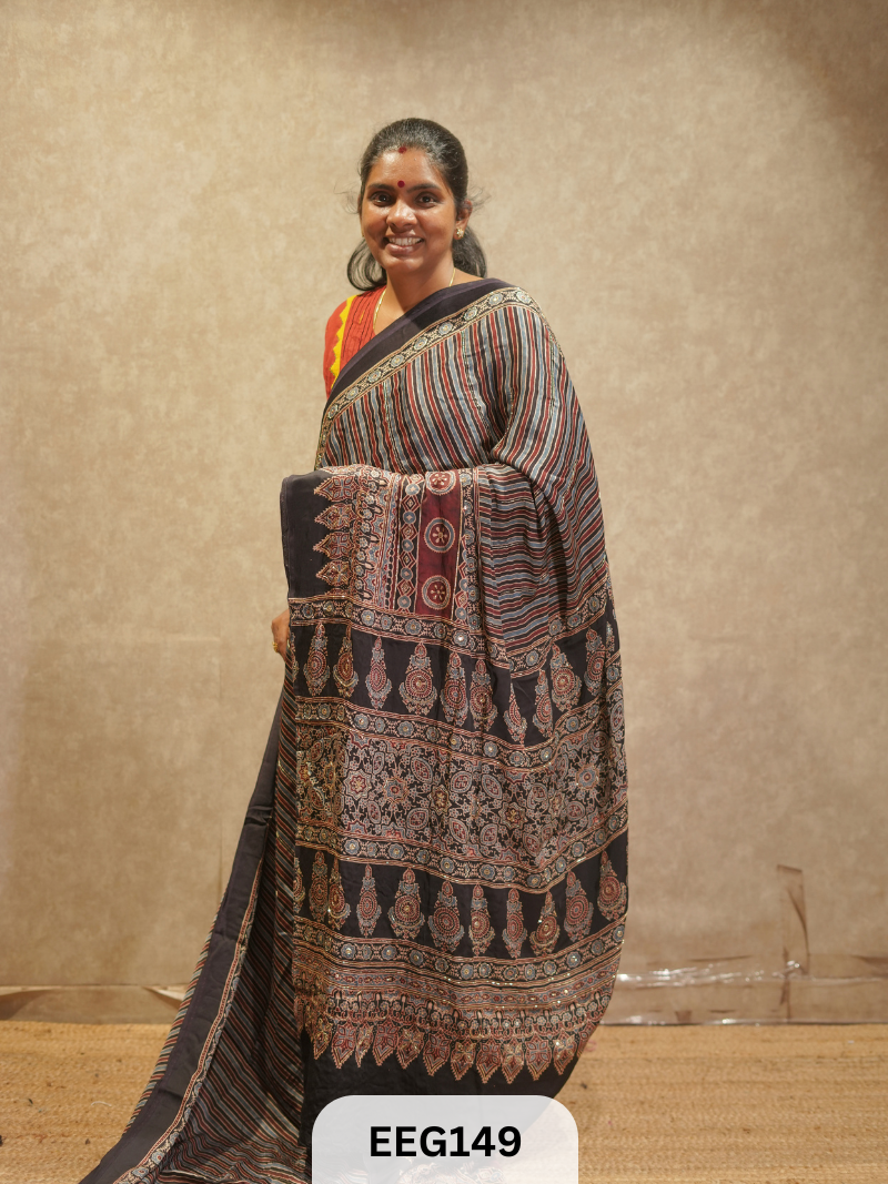 AJRAKH MODAL SAREE WITH KHATLI HANDWORK