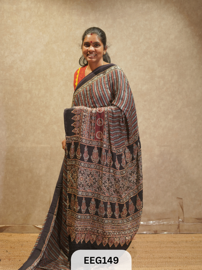 AJRAKH MODAL SAREE WITH KHATLI HANDWORK