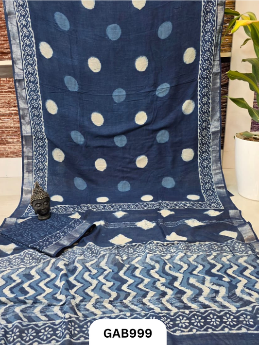 Bagru Handblock Print Linen Saree With Attached Blouse