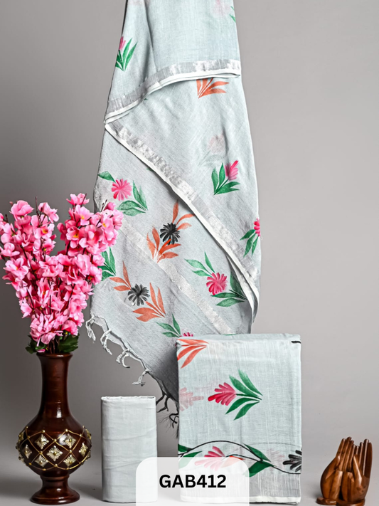 BAGRA HAND BLOCK PRINTED LINEN SUITS WITH ZARI BORDER - 3 pcs
