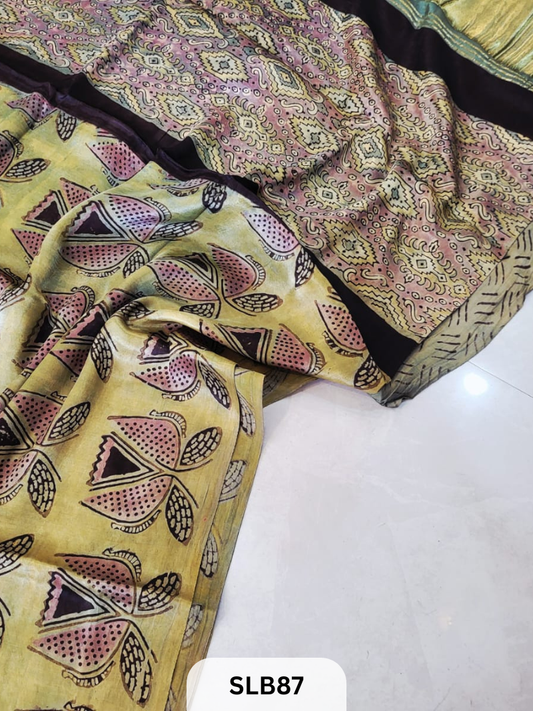 PURE MODAL AJRAKH HAND BLOCK WITH TISSUE SILK PALLU