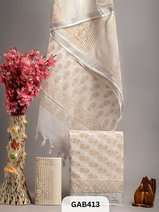 BAGRA HAND BLOCK PRINTED LINEN SUITS WITH ZARI BORDER - 3 pcs
