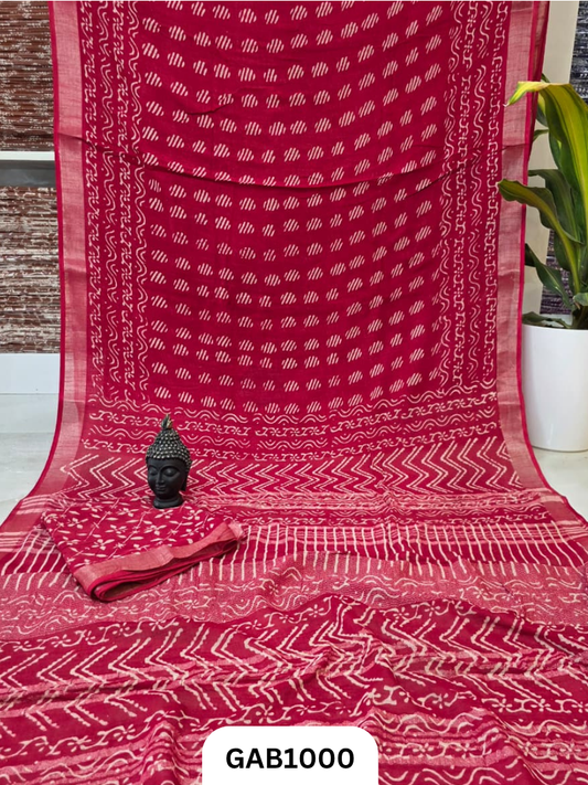 Bagru Handblock Print Linen Saree With Attached Blouse